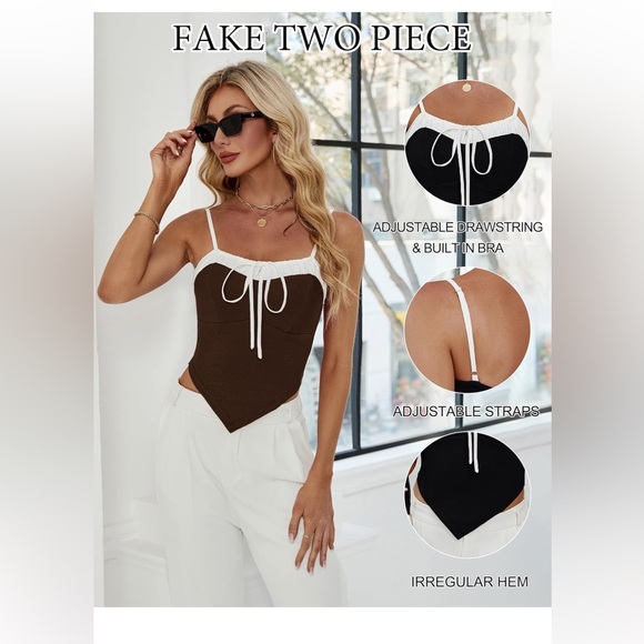 Blooming Jelly Brown White Y2K Tie Front Camisole Top L Crop Tank NEW - Picture 2 of 6